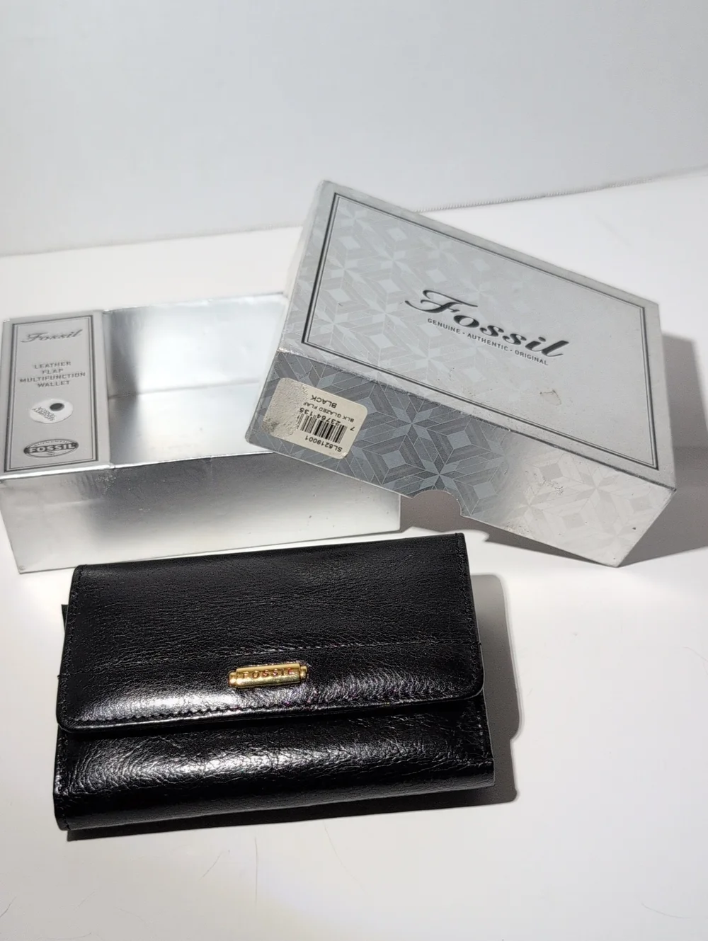 Vintage Fossil Black Leather Women's Trifold Wallet with Gold Accent